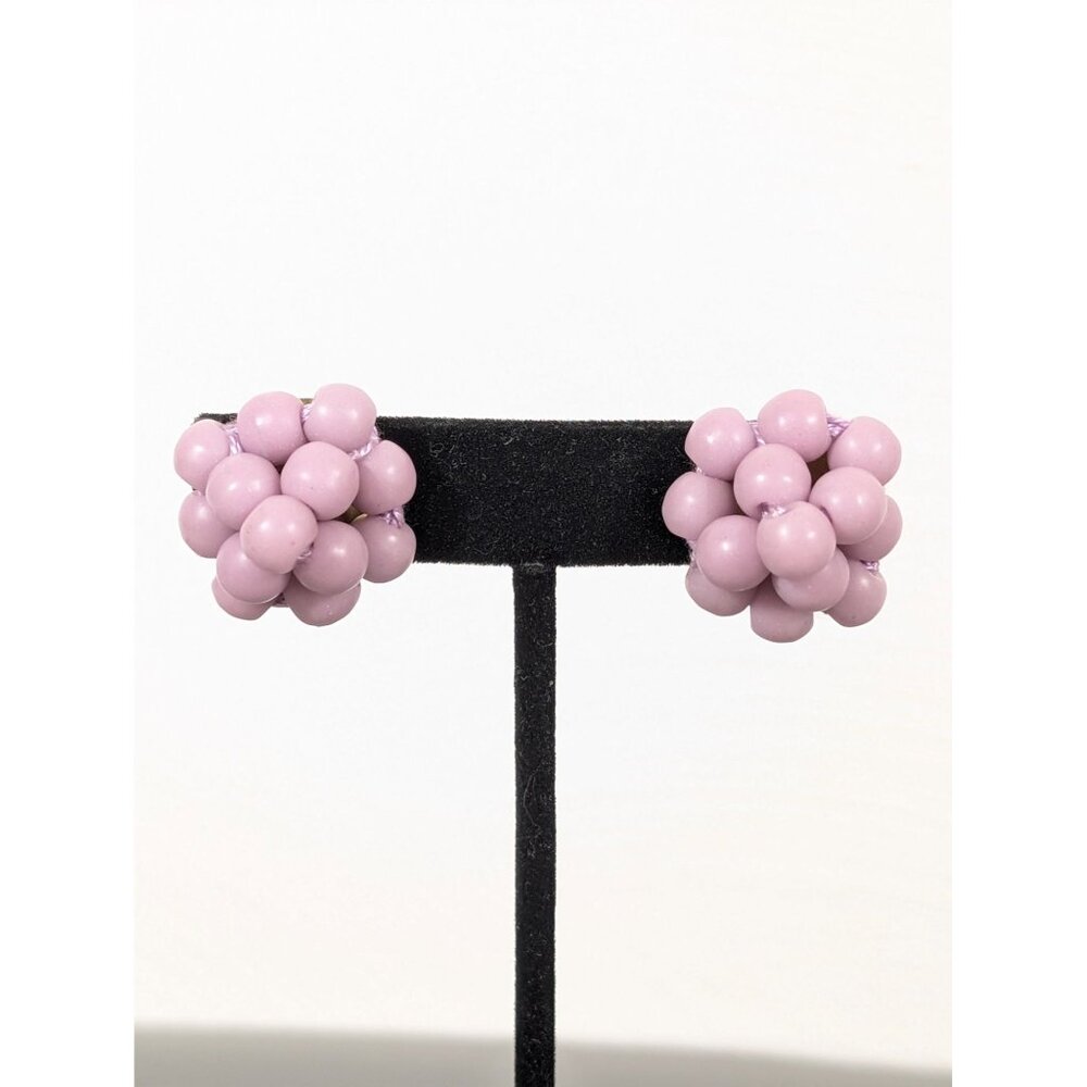 Vintage Lilac Purple‎ Glass Cluster Dome Bead Clip On Earrings